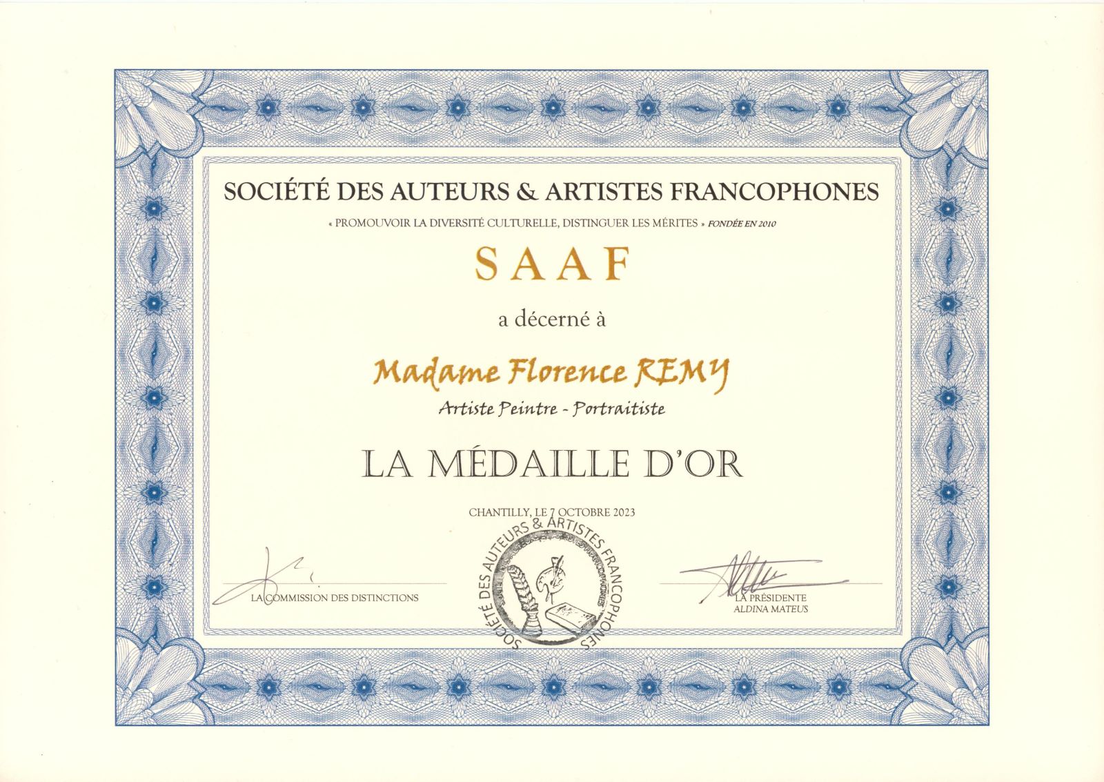 Diplôme de la Médaille d'Or